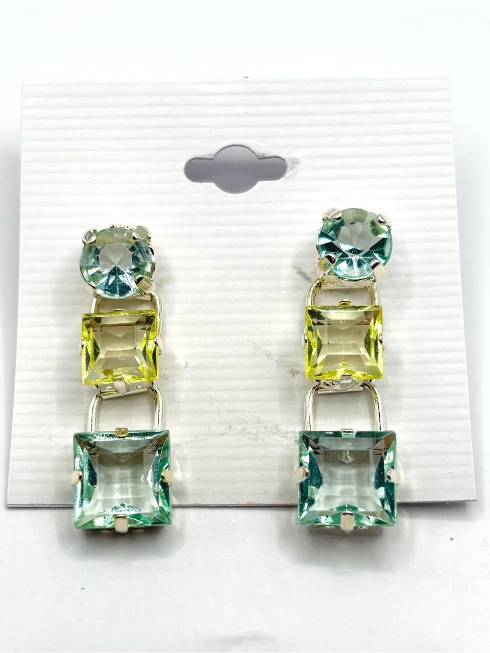 Tonal Green Yellow Crystal Tiered Square Drop Earrings in Silver Tone